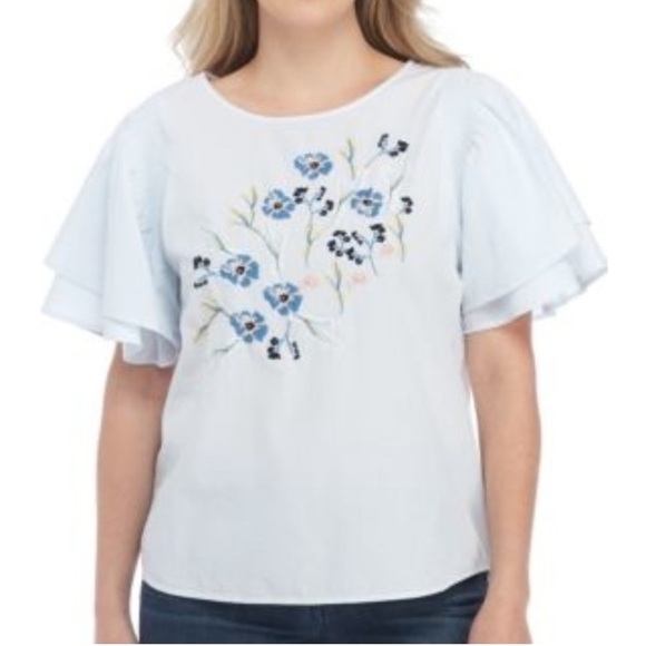 Kaari Blue Flower Embroidered Flutter Top Floral Blue Stripe Large - Picture 3 of 6